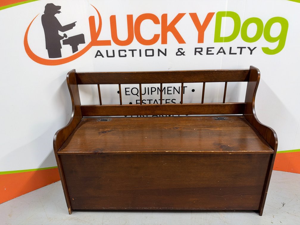 Dark-Stained Wood Storage Bench with Spindle Back - 43” Length x 30” Height