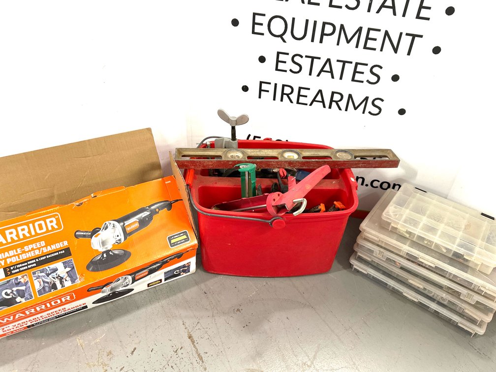 Rotary Polisher, Tool Caddy with Clamps, and Hardware Organizers