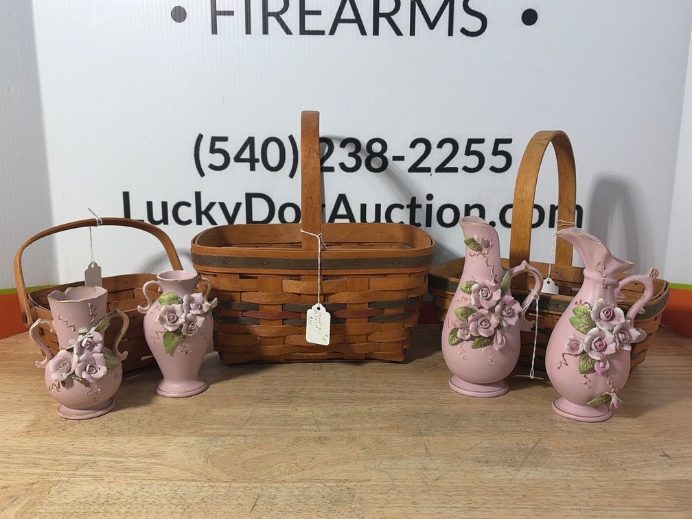 Longaberger Baskets (3) and Pink Ceramic Vases and Pitchers