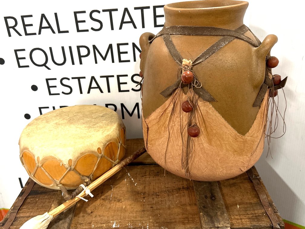 Ceramic Vessel and Rawhide Hand Drum with Beater