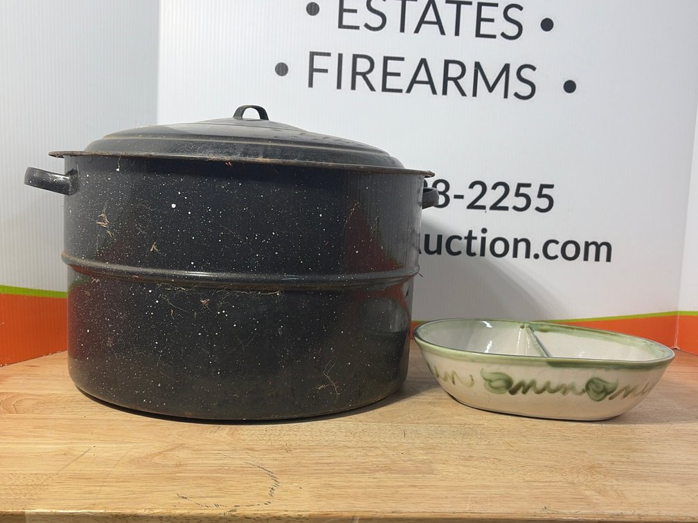 Speckled Enamelware Canning Pot and Divided Ceramic Dish