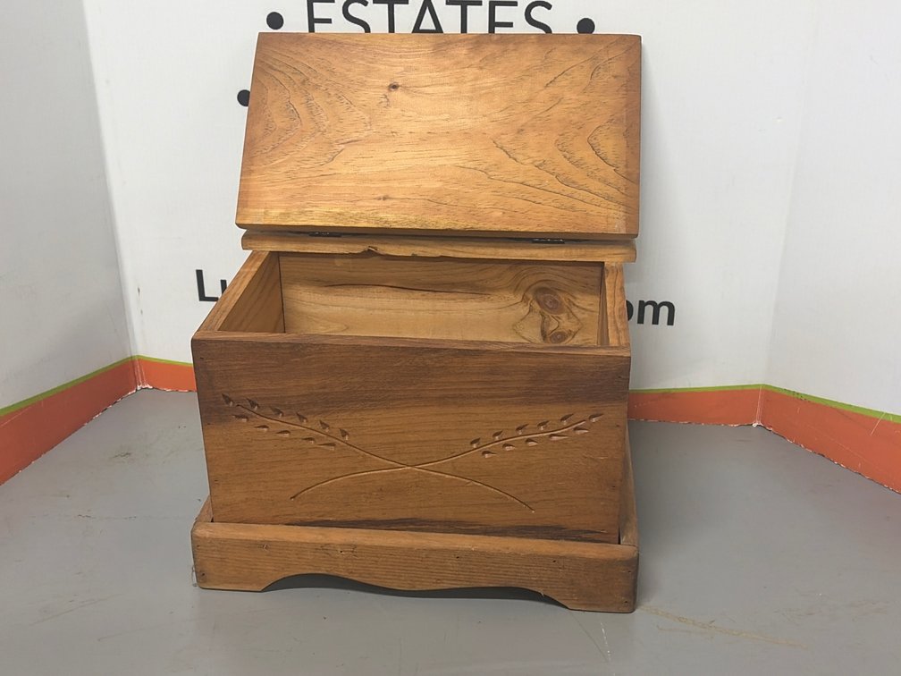 Wooden Storage Chest with Carved Wheat Motif