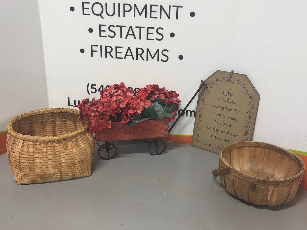 Wooden Baskets, Miniature Wagon Planter, and Wall Plaque