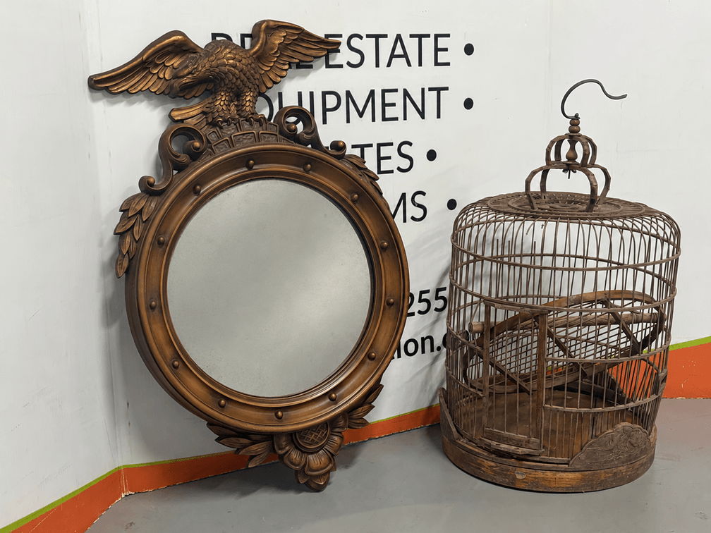 Federal Style Convex Mirror and Wooden Dome-Top Birdcage