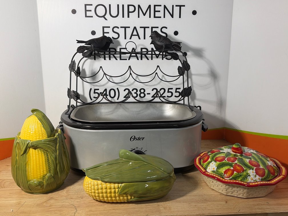 Electric Roaster Oven, Ceramic Dishes, and Wire Drink Rack