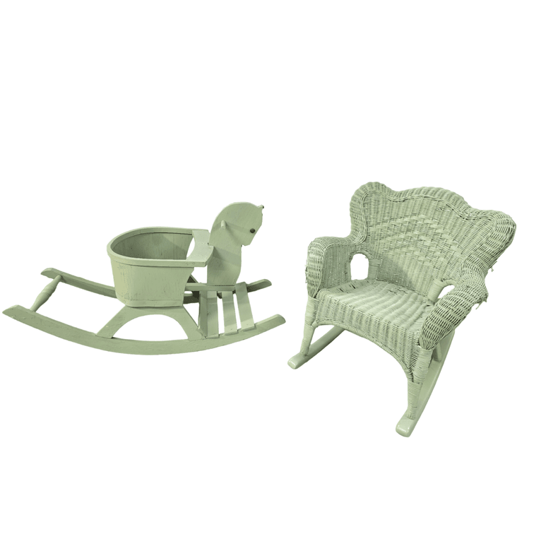 Vintage Child's Wooden Rocking Horse and Wicker Rocking Chair