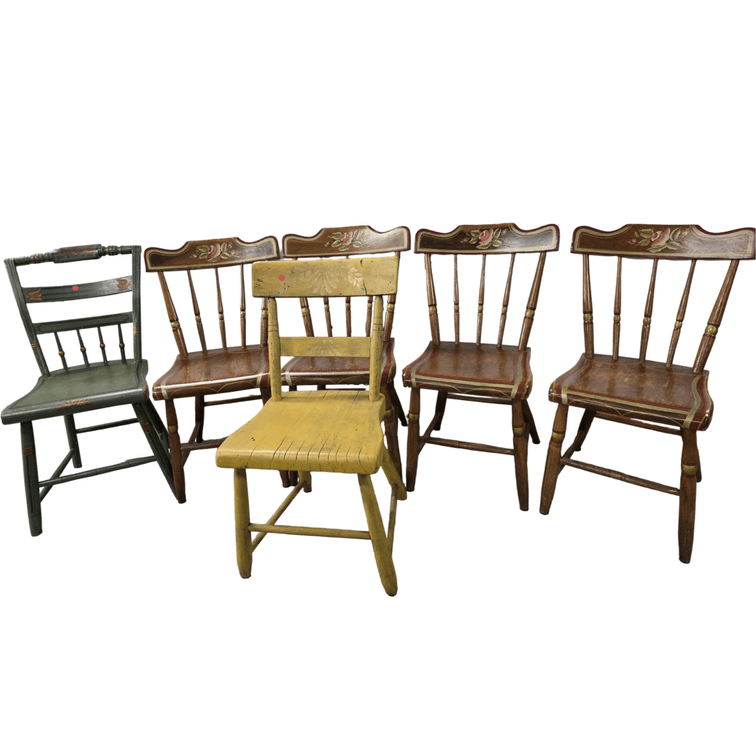 Hand Painted and Signed Wooden Spindle-Back Plank Bottom and Side Chairs (6)