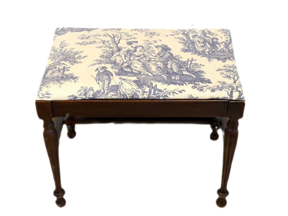 Blue Toile Upholstered Wood Footstool - 17” H x 21” L x 14” D