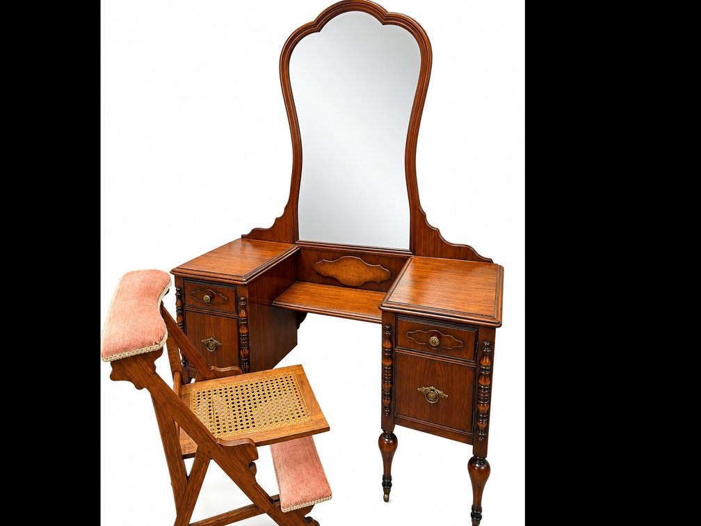 Wood Vanity with Mirror and Convertible Folding Chair - 43” L x 30.5 H x 18.5 D (with mirror 66” H) - (1920-1925)