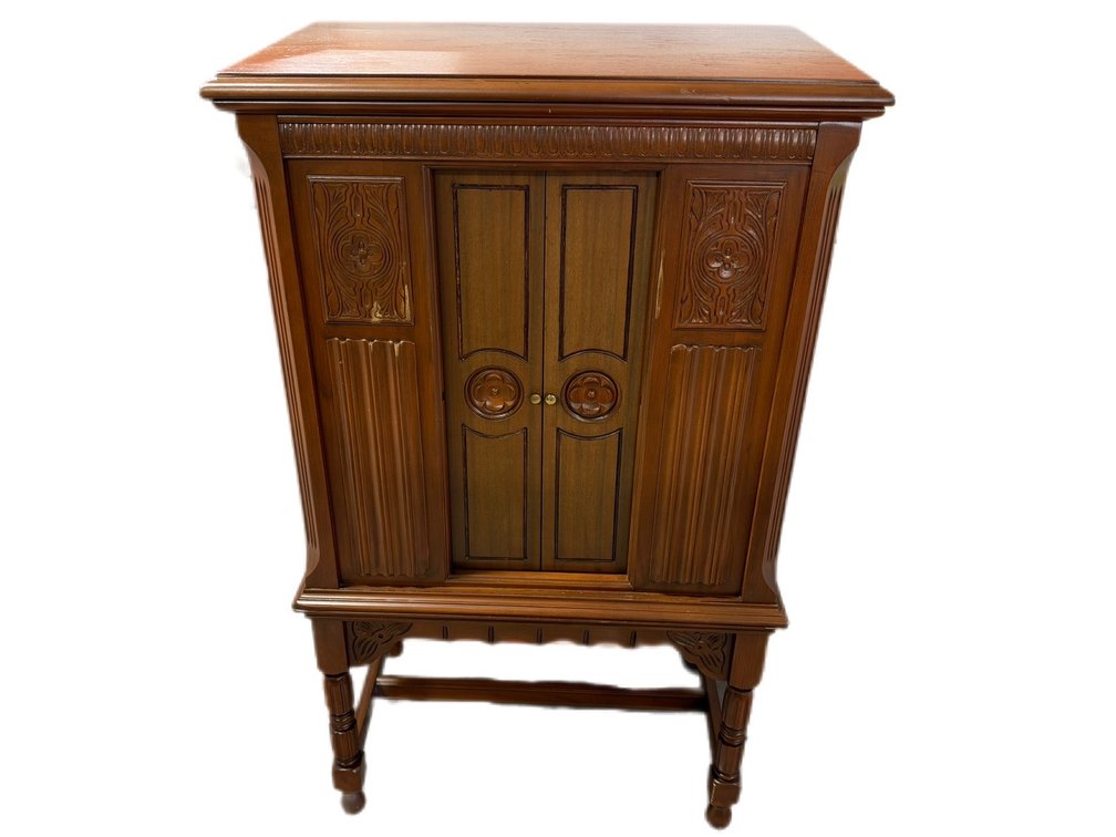 Carved Wood Console Radio with Vacuum Tube Chassis - 44” H x 26.5” L x 15” D - 1910's to 1930's