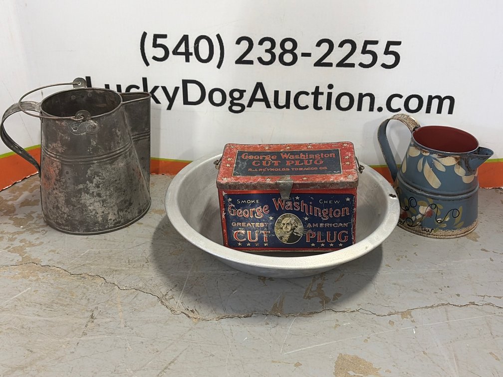 Vintage Tin Water Pitcher (2) - Tin Tobacco Canister (4)
