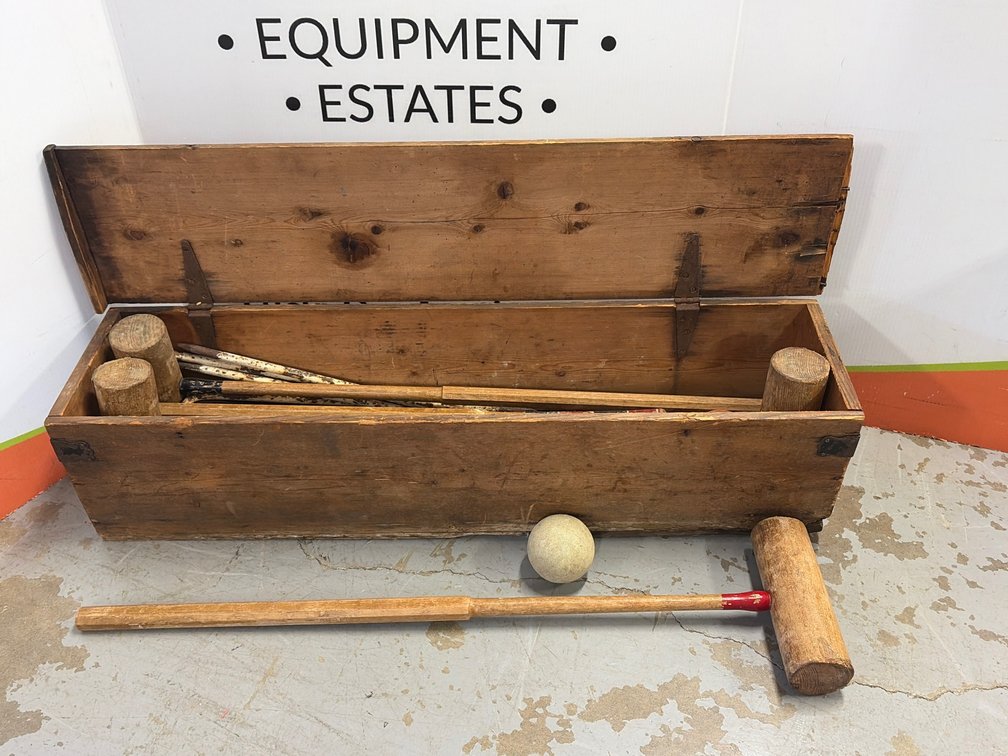 Antique Wooden Croquet Set in Hinged Storage Chest
