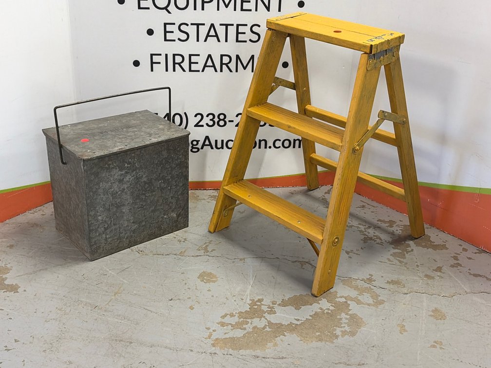 Galvanized CLOVER Creamery Milk Box and Cumberland Case Co. Wooden Step Ladder