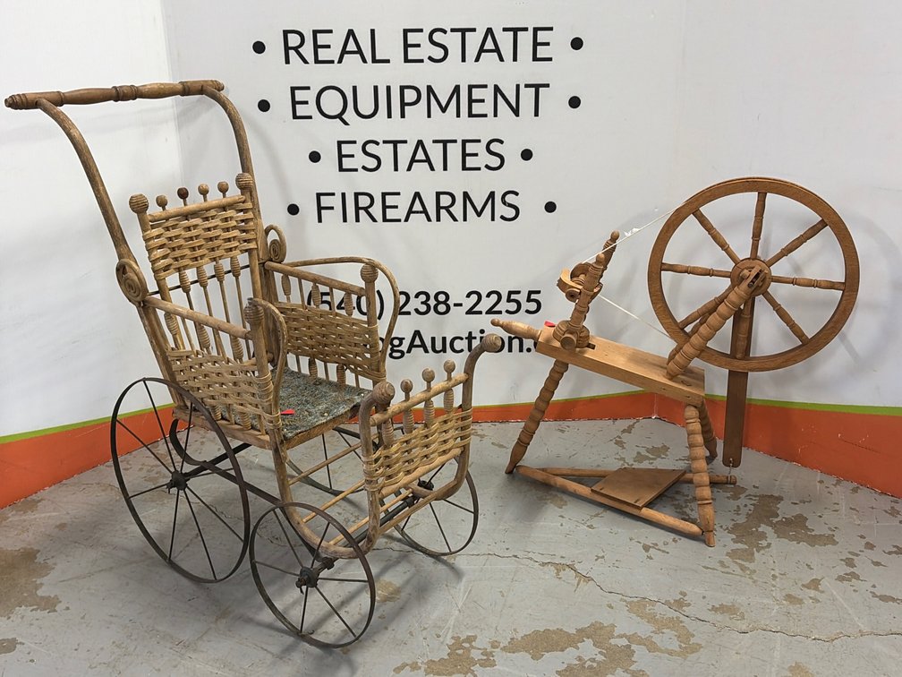 Wicker Child Stroller and Small Exact Scale Model Spinning Wheel "Carrie no.18"