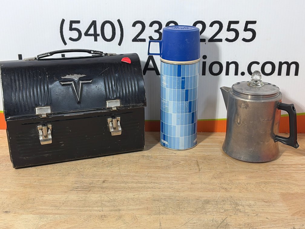 Metal Dome-Top Lunchbox, Vacuum Bottle, and Coffee Percolator