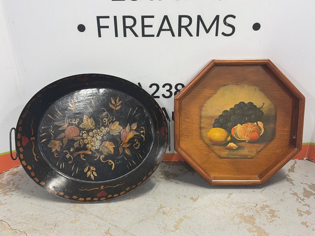 Painted Tole and Wood Fruit Motif Serving Trays