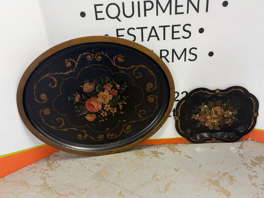 Black Painted Floral Tole Serving Trays