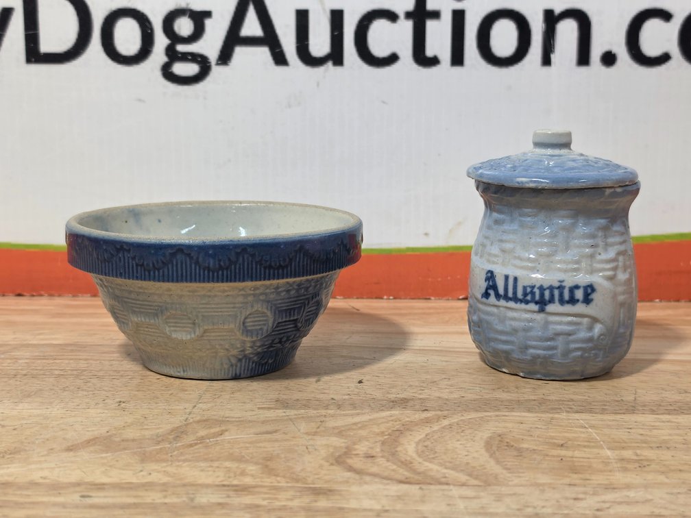 Antique Salt Glazed Wedding Ring Mixing Bowl - Measures 2.5" Tall -Salt Glazed Stoneware Spice Jar w/ Lid Measures 4" Tall