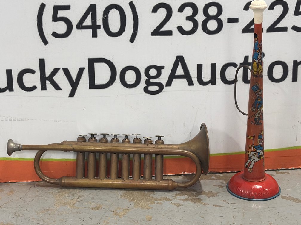 Toy Brass Trumpet and Tin Lithograph Horn