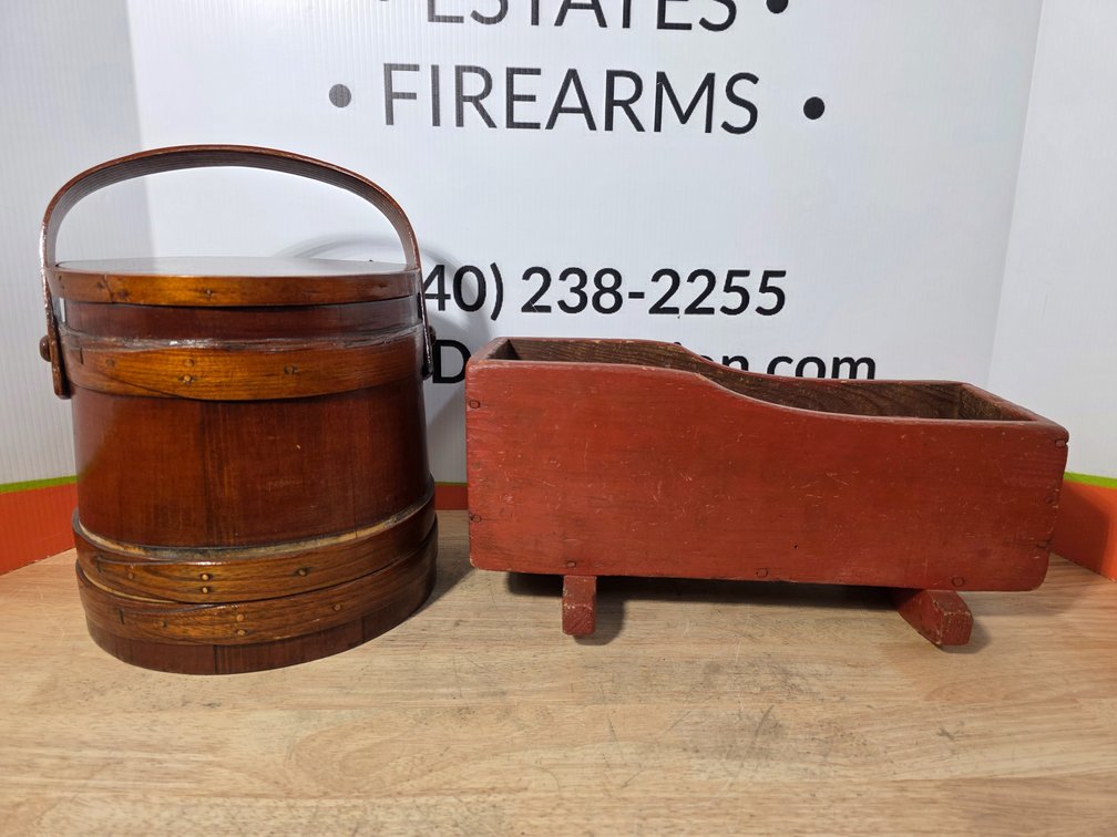 Wooden Firkin Bucket and Red-Painted Doll Cradle