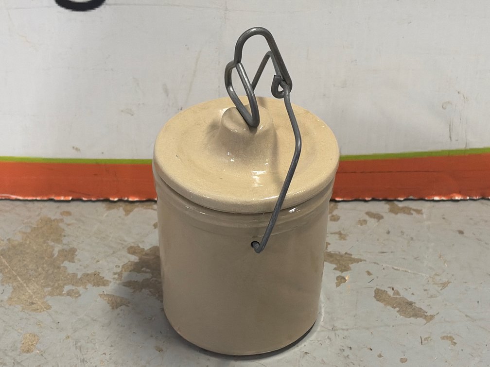 Tan Glazed Stoneware Crock with Lid and Wire Bail Handle