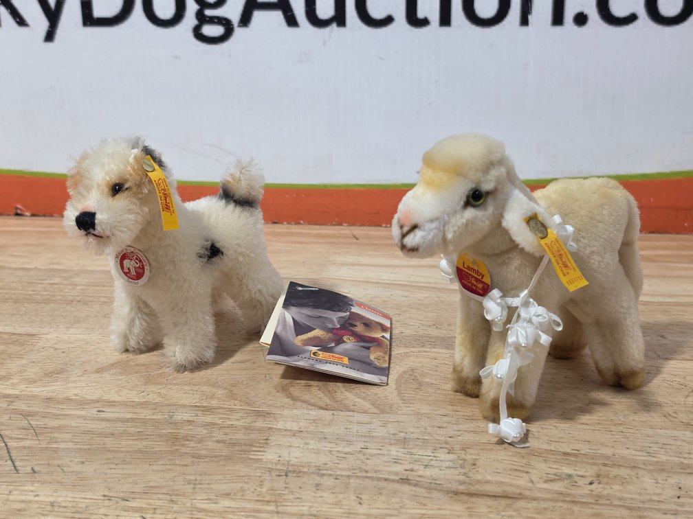 Steiff Lamby Mini Plush Lamb Measures 5" Tall - Steiff Terrier Mini Plush Dog Measures 4.5" Tall