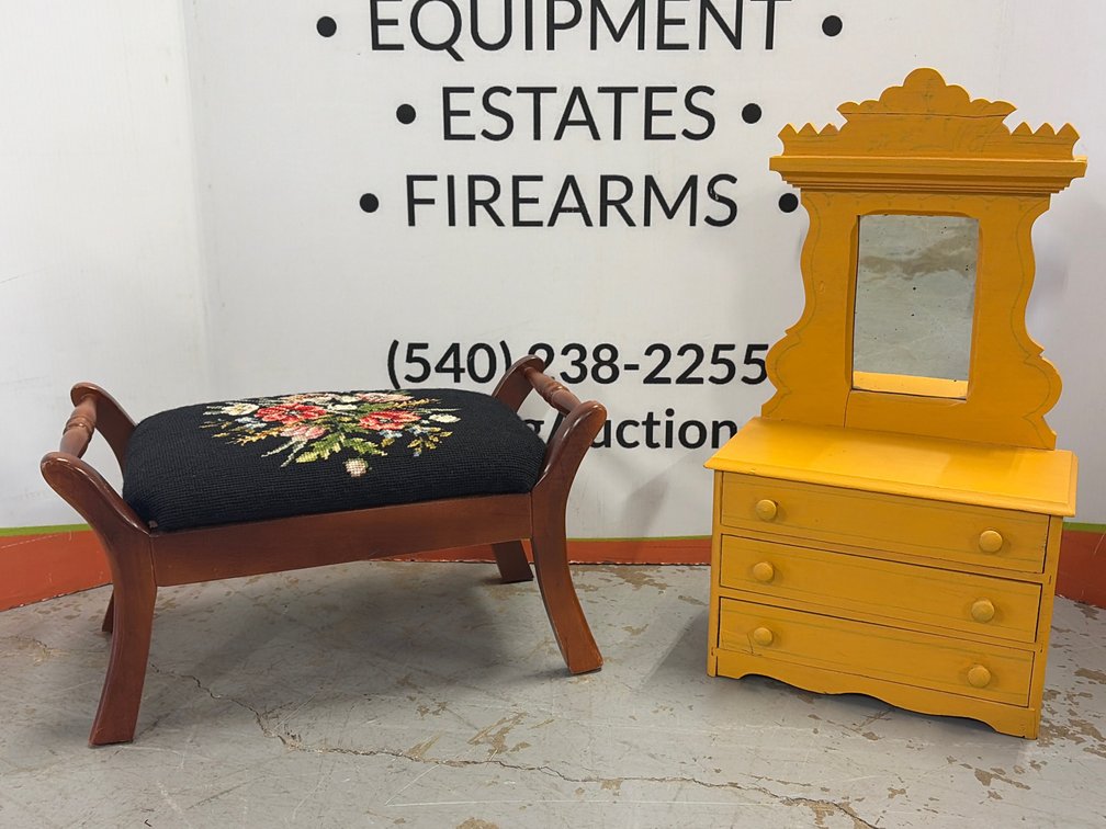 Needlepoint Footstool and Painted Miniature Vanity Chest