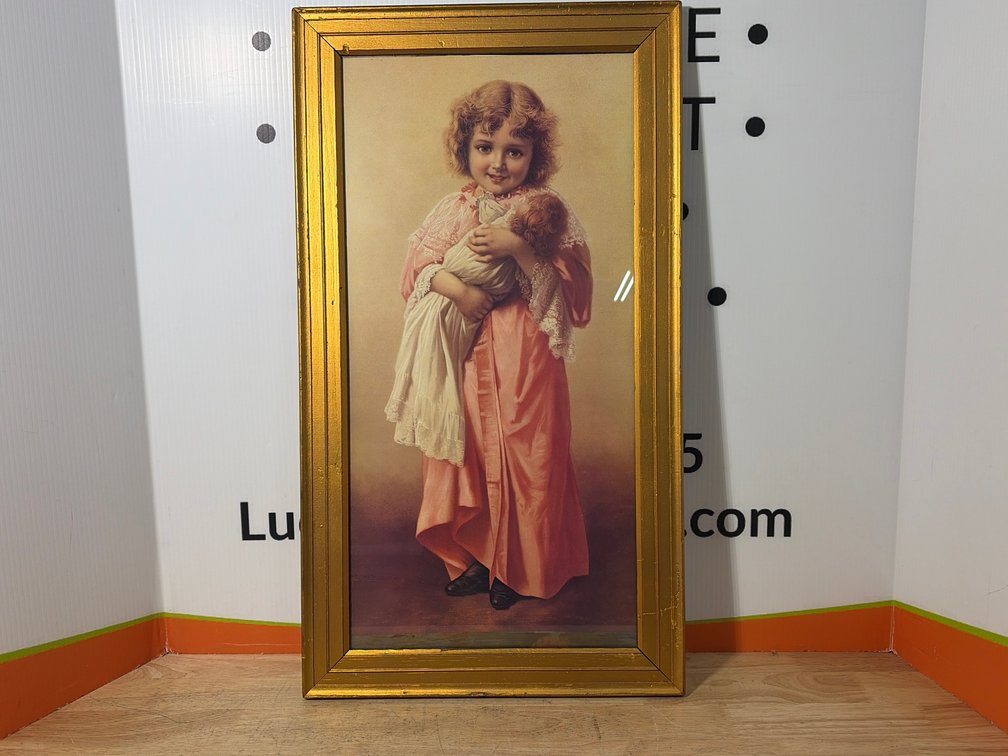 Framed Print of Young Girl with Doll in Gold-Painted Frame