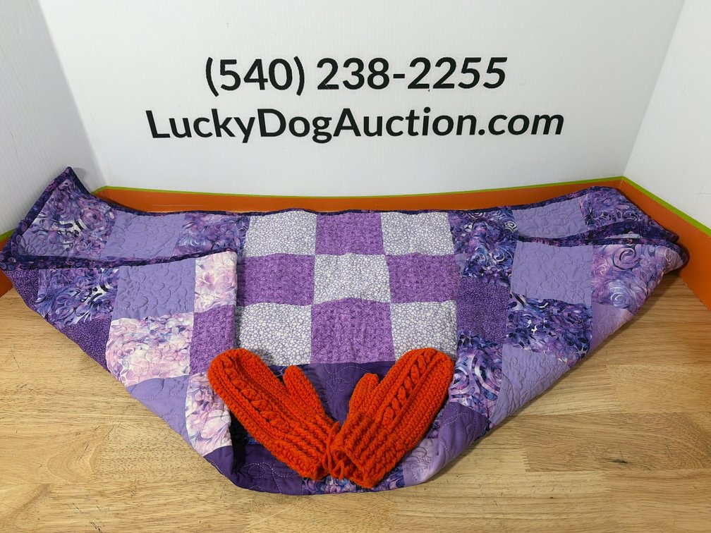 Purple Patchwork Quilt and Orange Crocheted Mittens