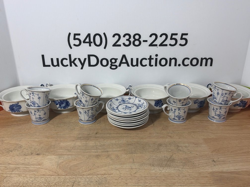 Blue and White Porcelain Cups, Saucers, and Bowls - "Royal Copenhagen"