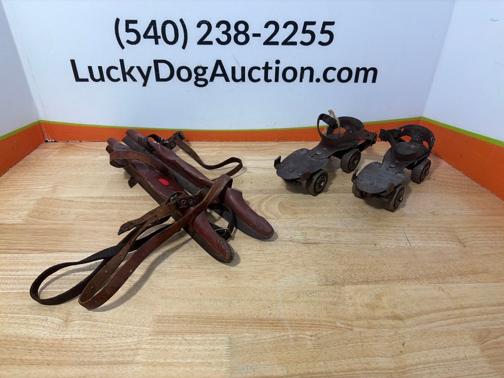 Antique Wooden Ice Skates w/ Leather Straps - Antique Roller Skates (1940s-1950s)