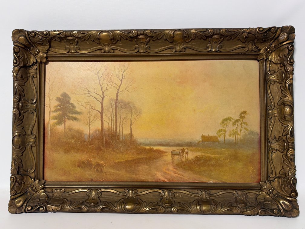 Framed Rural Landscape Painting with Horse and Cart