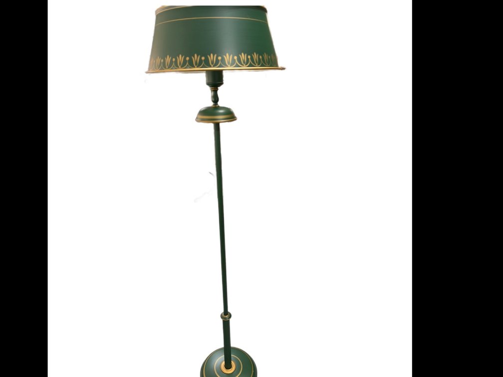 Green Painted Tole Floor Lamp with Shade - 66” Tall