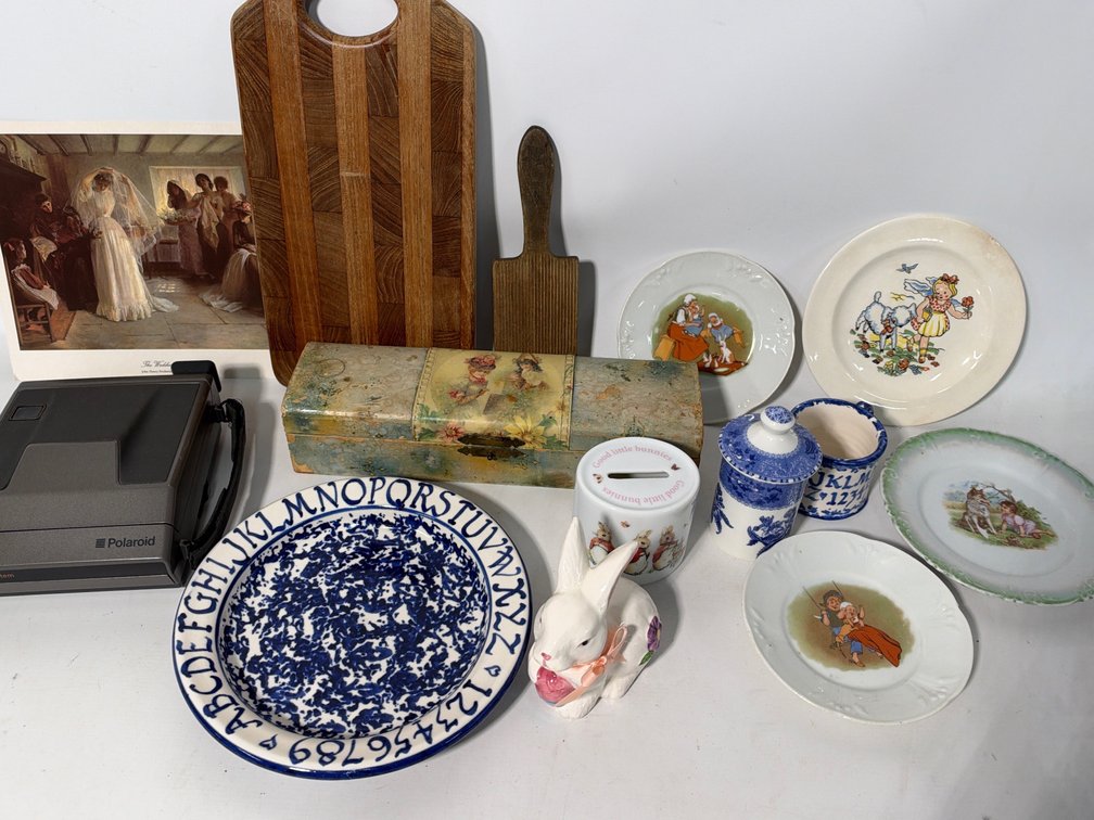 Polaroid Spectra System Instant Camera - Coin Bank - Decorative Ceramic Plates - Baby Plates - Wooden Cutting Board