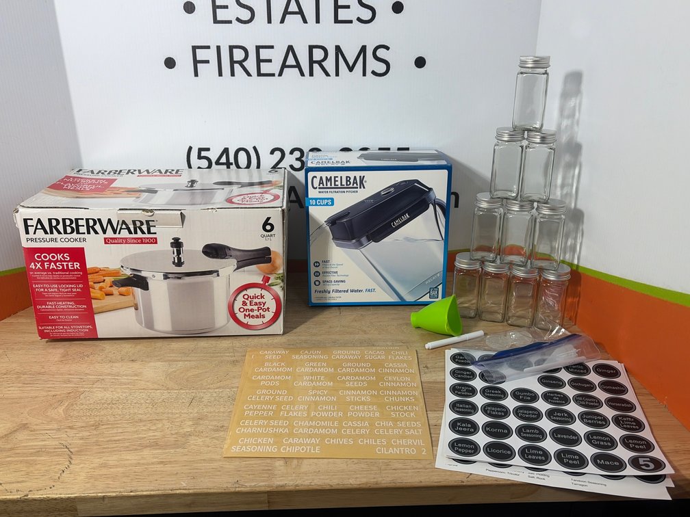 Pressure Cooker, Water Filtration Pitcher, and Spice Jars