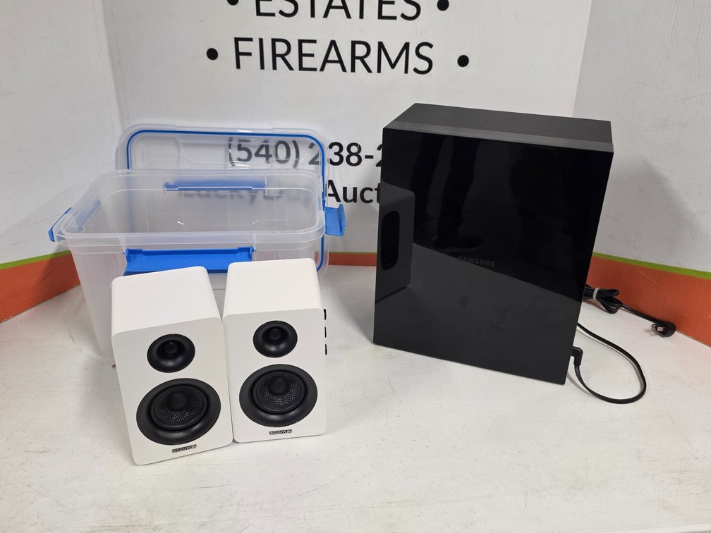 (2) Sanyun Desk Speakers - Samsung Subwoofer - Plastic Storage Tote
