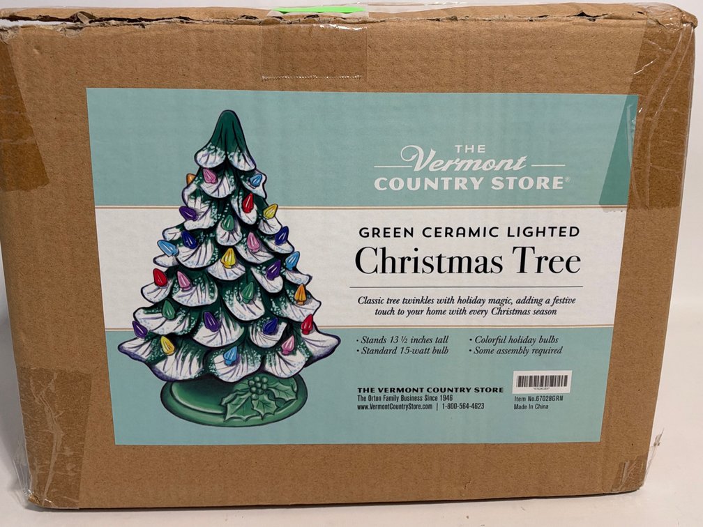 Vermont Country Store Green Ceramic Lighted Christmas Tree -13.5” Tall
