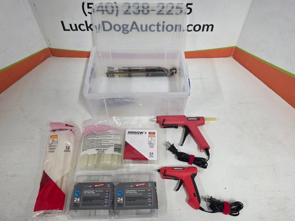 (2) Arrow Hot Glue Guns w/ Assorted Glue Sticks and Storage Tote