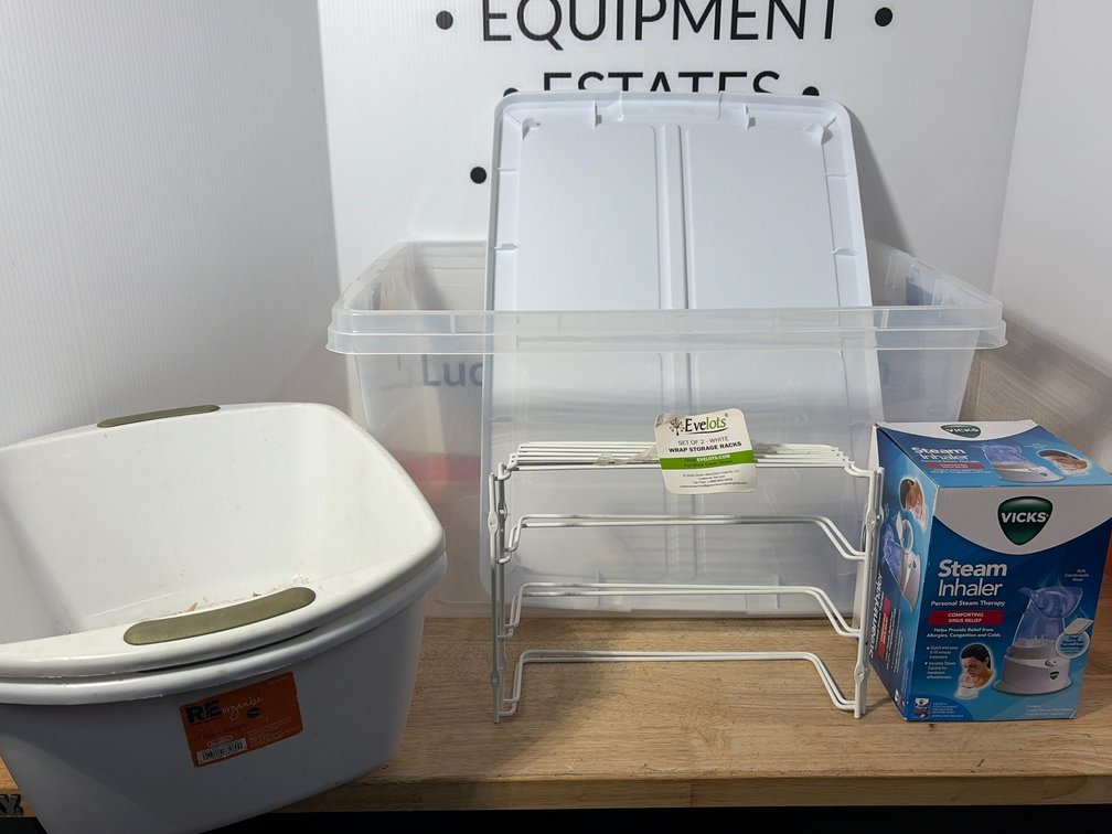 Plastic Storage Tote, Plastic Bin, Wire Racks, and Steam Inhaler