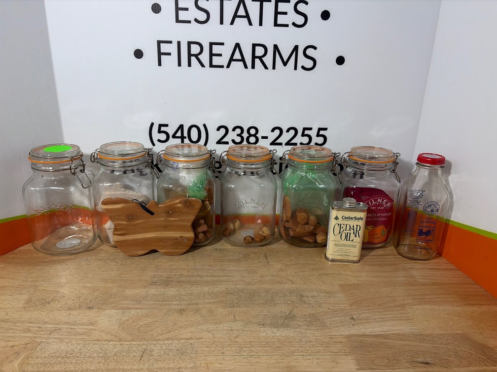 KILNER Glass Clip-Top Jars, Cedar Accessories, and Milk Bottle