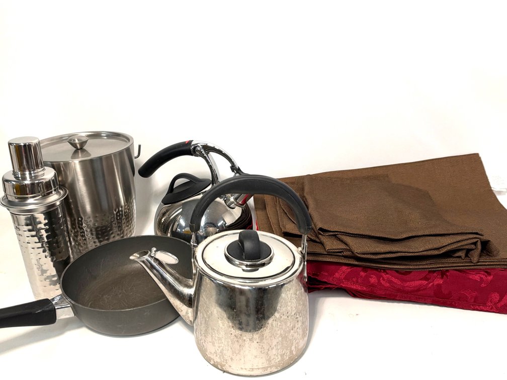 Metal Ice Bucket - Metal Tea Kettle (2) - Pan - Cocktail Shaker - Placemats
