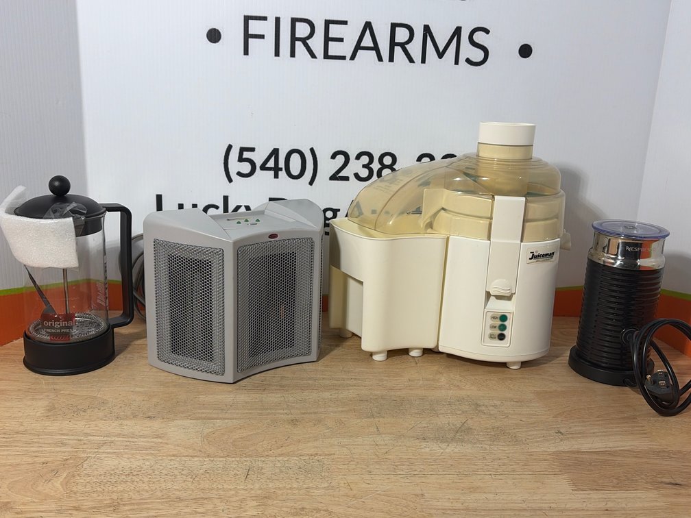 Juicer, Milk Frother, Space Heater, and French Press