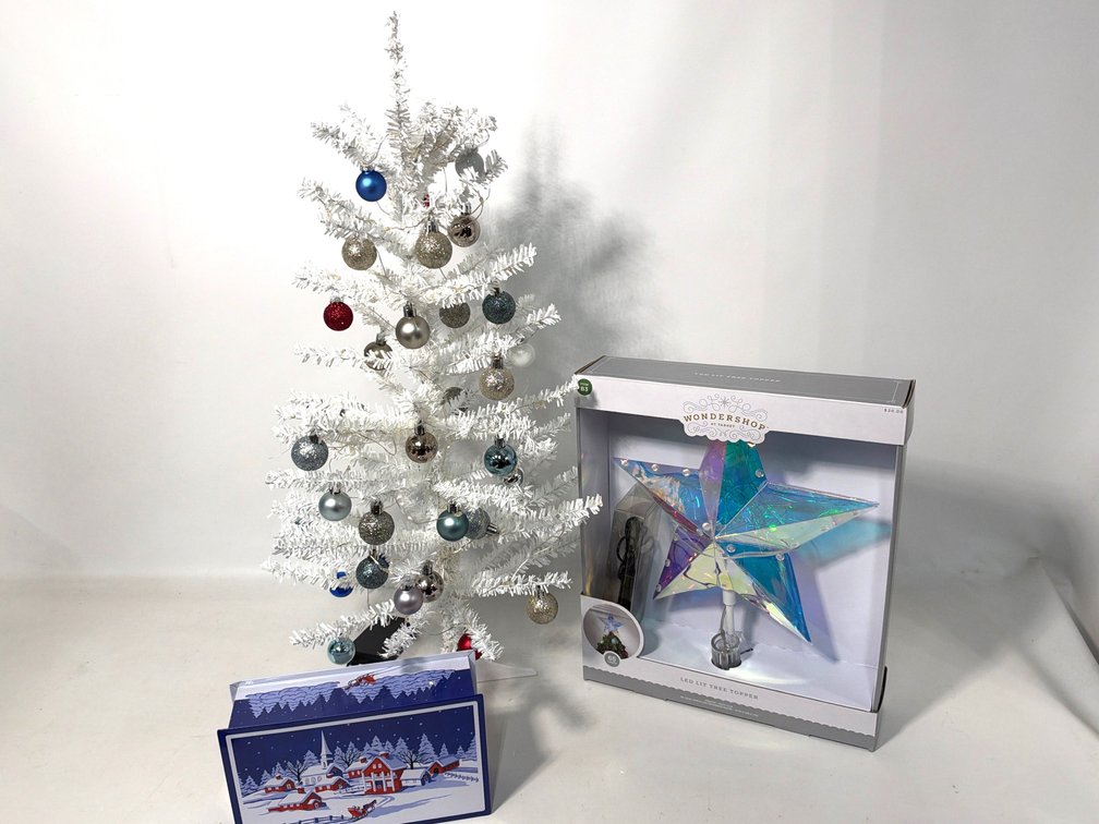 Small White Tree w/ Ornaments (Battery Powered) - LED Tree Topper - Christmas Tin