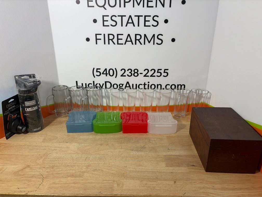 Water Bottle, Glassware, Sandwich Containers, and Wooden Box