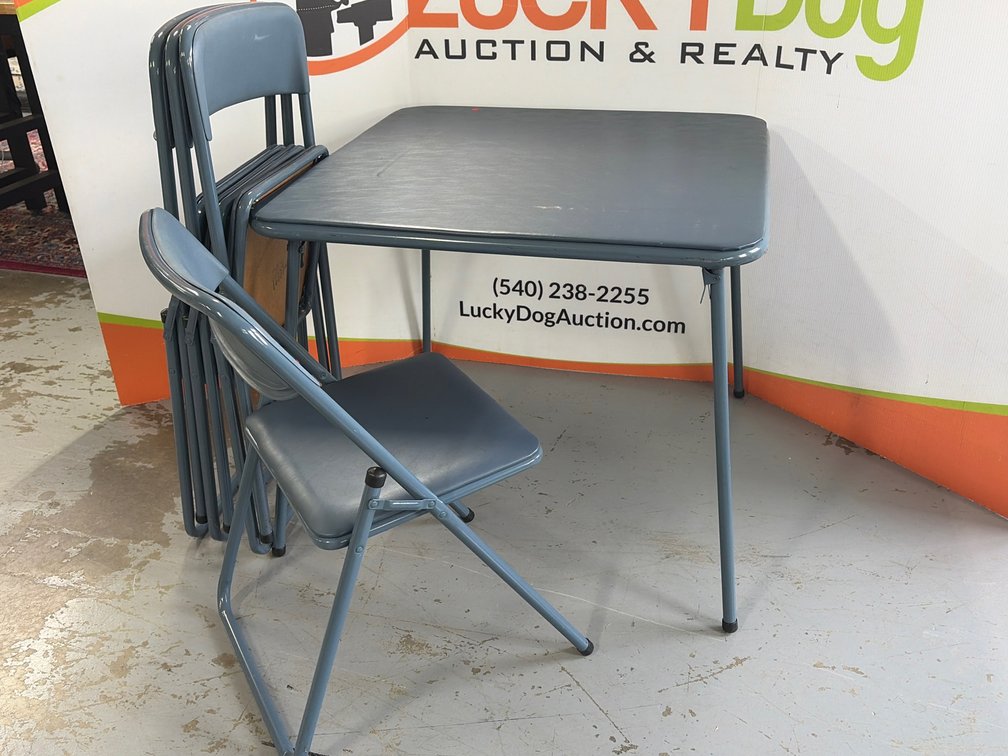 Slate Blue Folding Card Table and Four Chairs 28”T x 33”W x 33”L