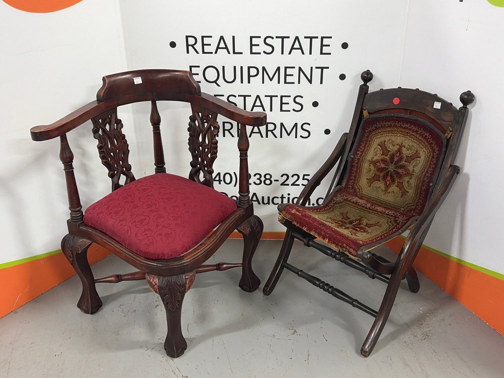 Child's Carved Mahogany Corner Armchair and Wooden Folding Chair