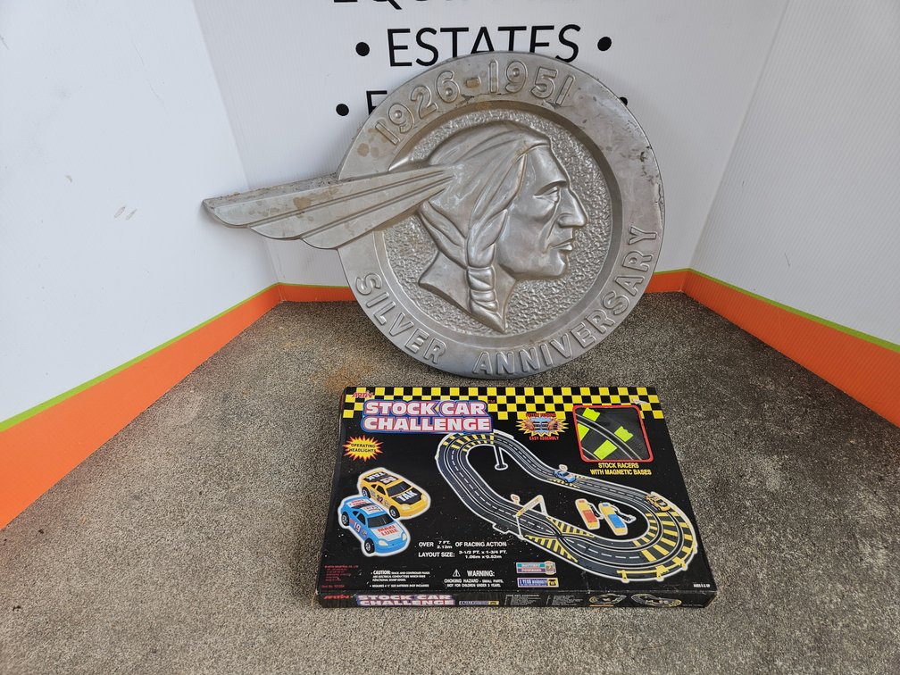 1926-1951 Silver Anniversary Plastic Pontiac Sign and Artin Stock Car Challenge Racetrack Set