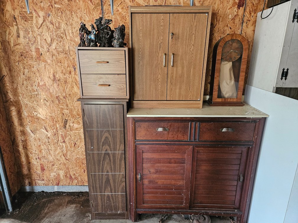 Wooden Cabinets W/Contents Indian Decor - Oil - Paint - Vintage Clock and More 