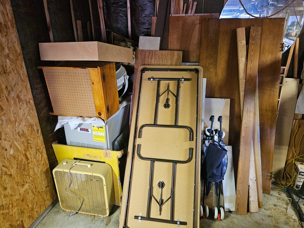 Garage Contents Lot 1 Folding Tables - Heil Heat Pump - Wood - Fans and More 