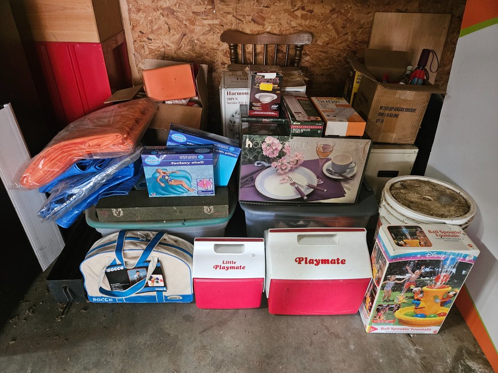 Garage Contents Lot 2 Coolers - Floats - Dish Sets and More 